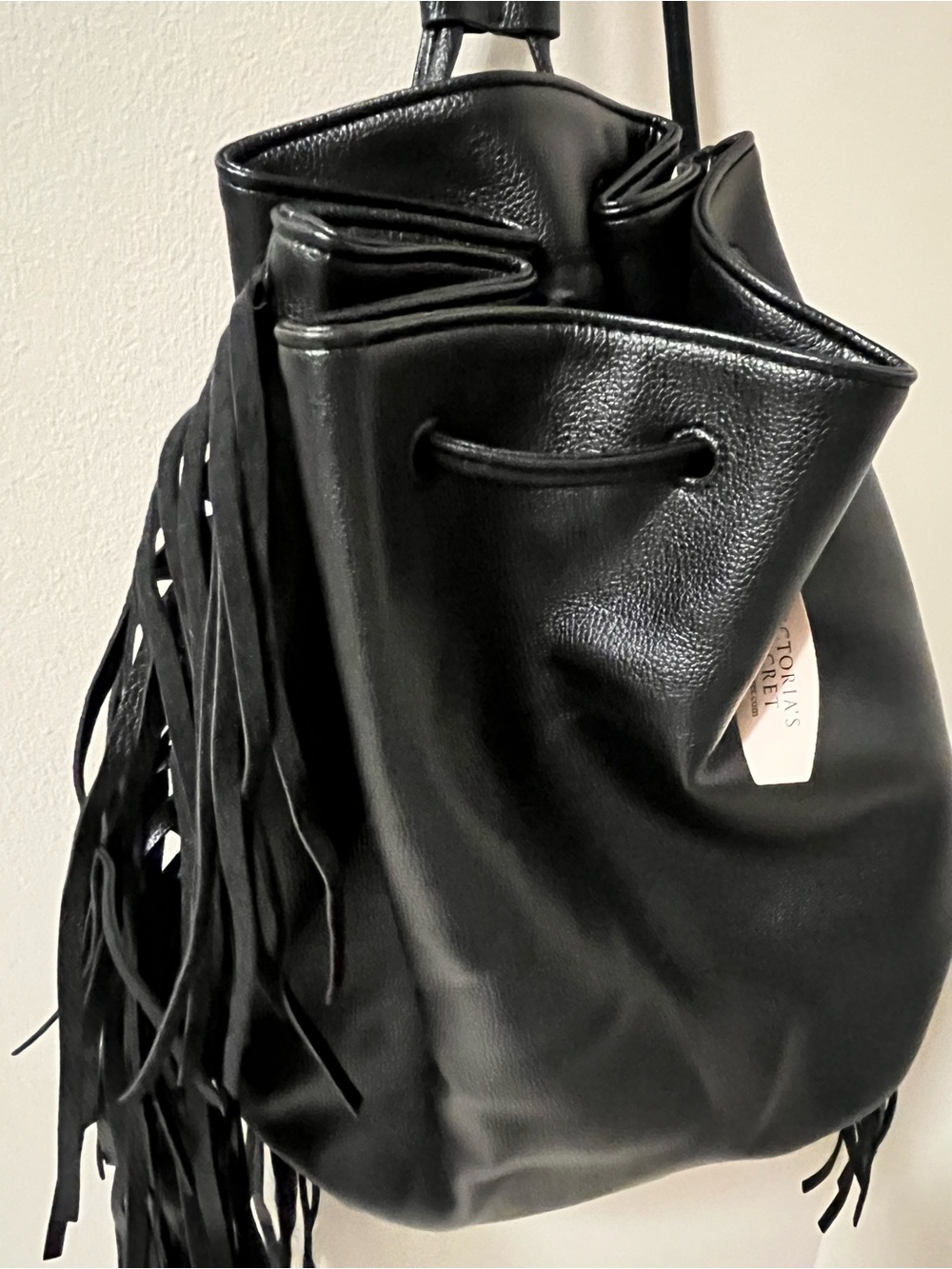 Victoria's Secret Black Leather Fringe Bucket Bag NWT